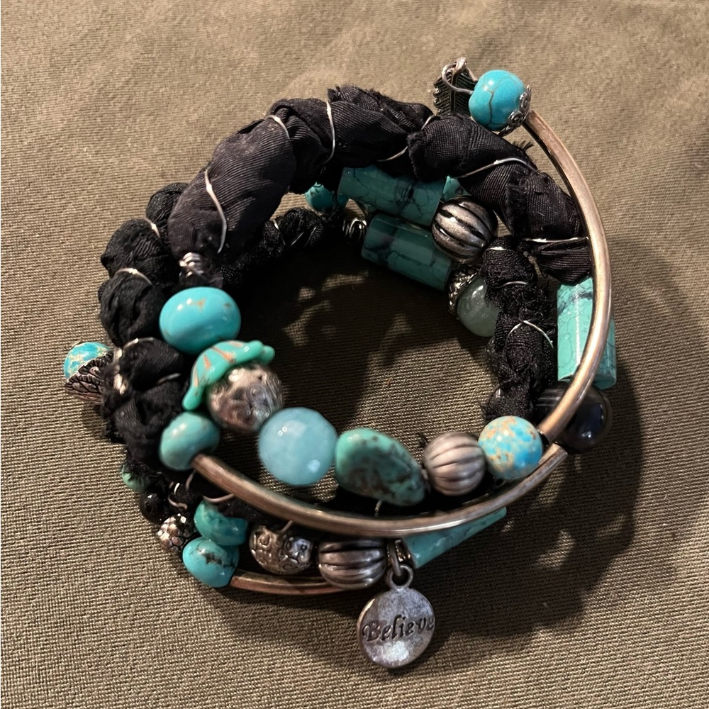 Turquoise and Black Beaded wire wrapped bracelet